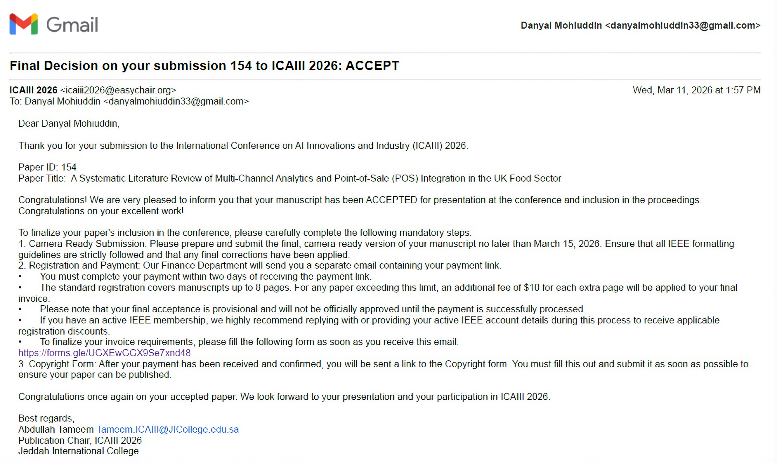 Official paper acceptance email